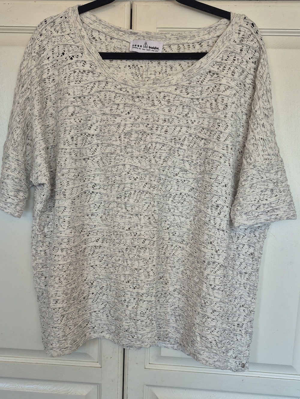 neon buddha Cream Open-Weave Short Sleeve Top